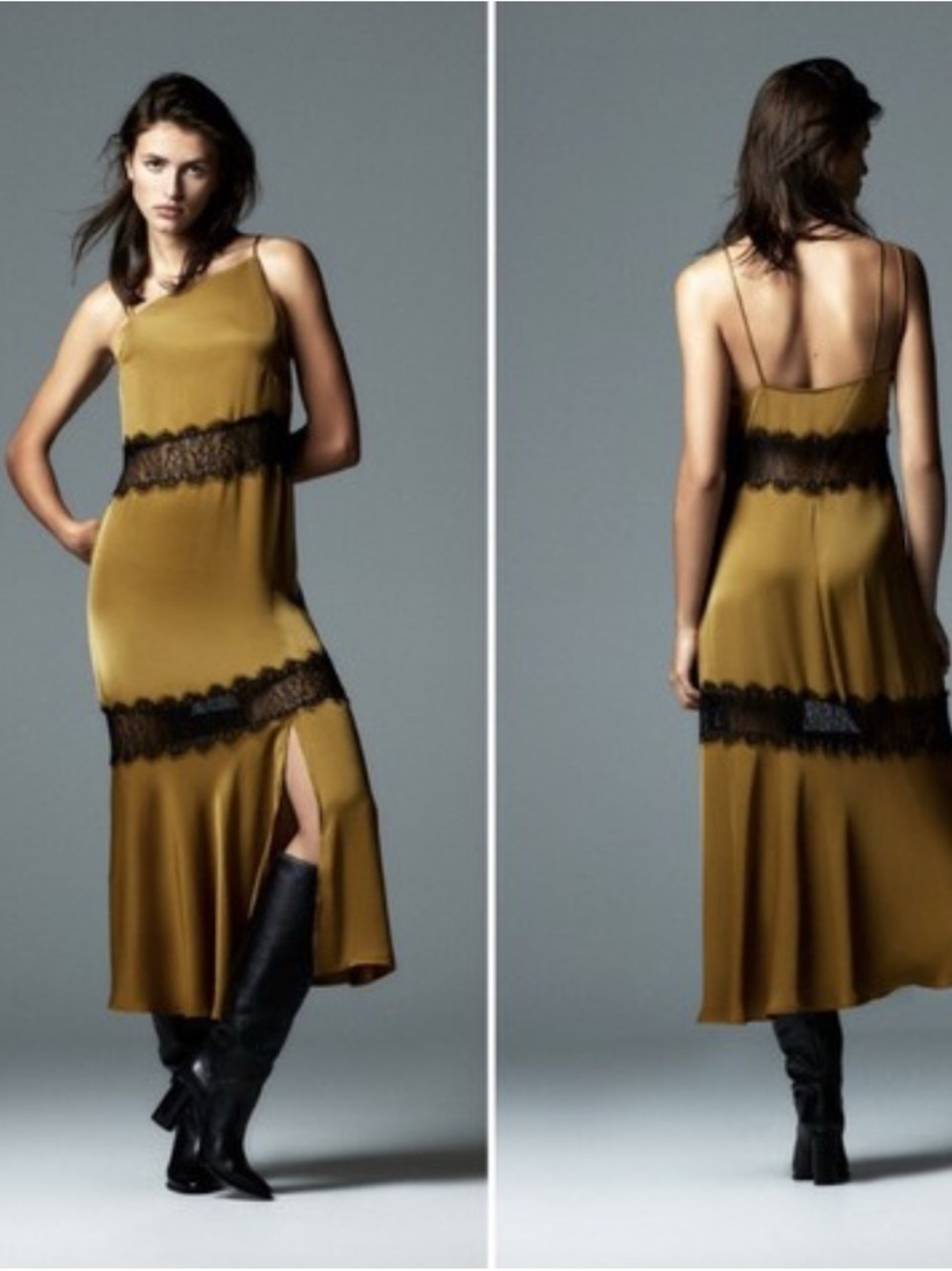 NWT Zara Slip Midi Dress with Black Lace Trim